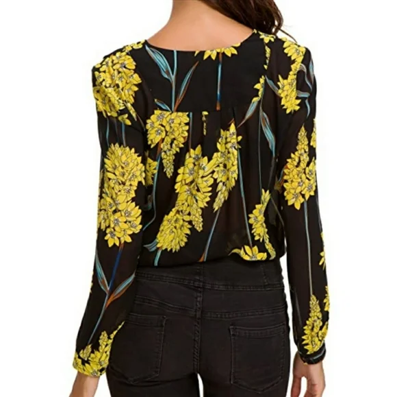 Urban Coco long sleeve sheer black Yello floral button blouse; Size small - Picture 2 of 16